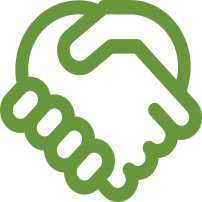 A green logo of two hands shaking.