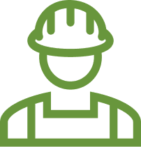 A green icon of a man wearing hard hat.